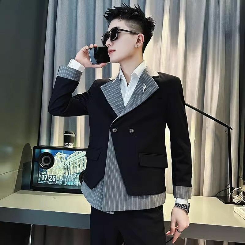 2-B4 Men's handsome fake two-piece suit jacket spring and autumn personalized fan British style new trendy men's small suit