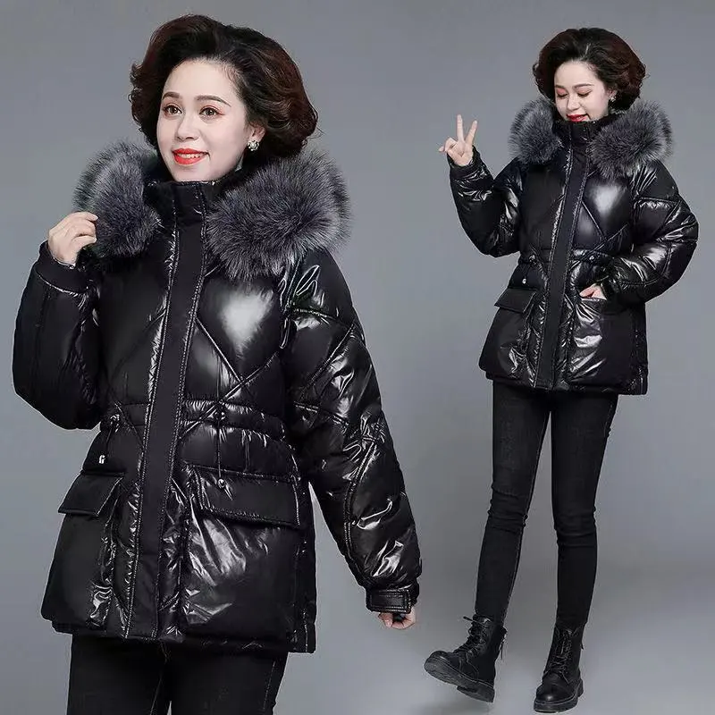 Women's Down Cotton Jacket Autumn Winter 2023New Fashion Thicken Loose Glossy Coat Hooded Fur Collar Black 4XL Outerwear Female