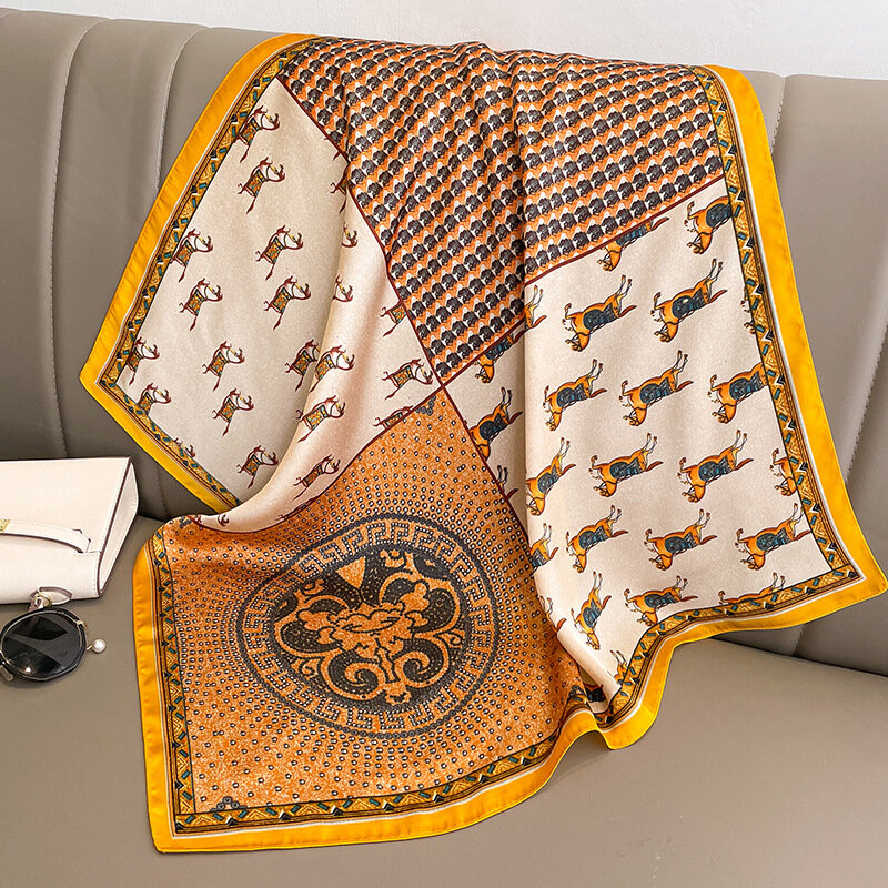 Foulard carré en soie pour femmes, en Satin doux, imprimé cheval, bandeau de luxe, Patchwork, tête, Hijab, sac, cravates, cadeau