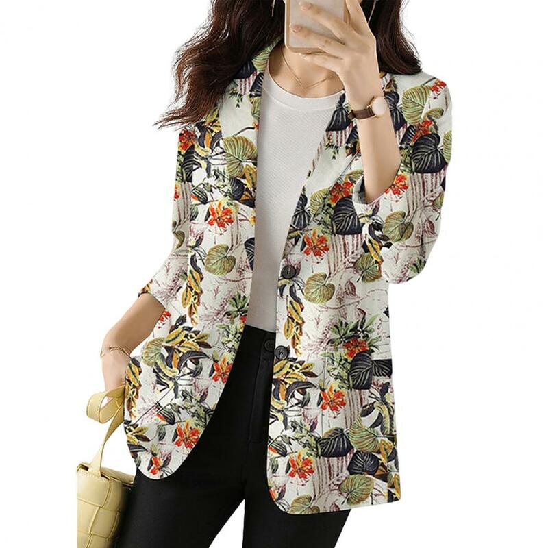 Setelan jaket wanita elegan motif bunga kerah setelan mantel dengan kancing tunggal bersaku pakaian kerja wanita pakaian luar wanita