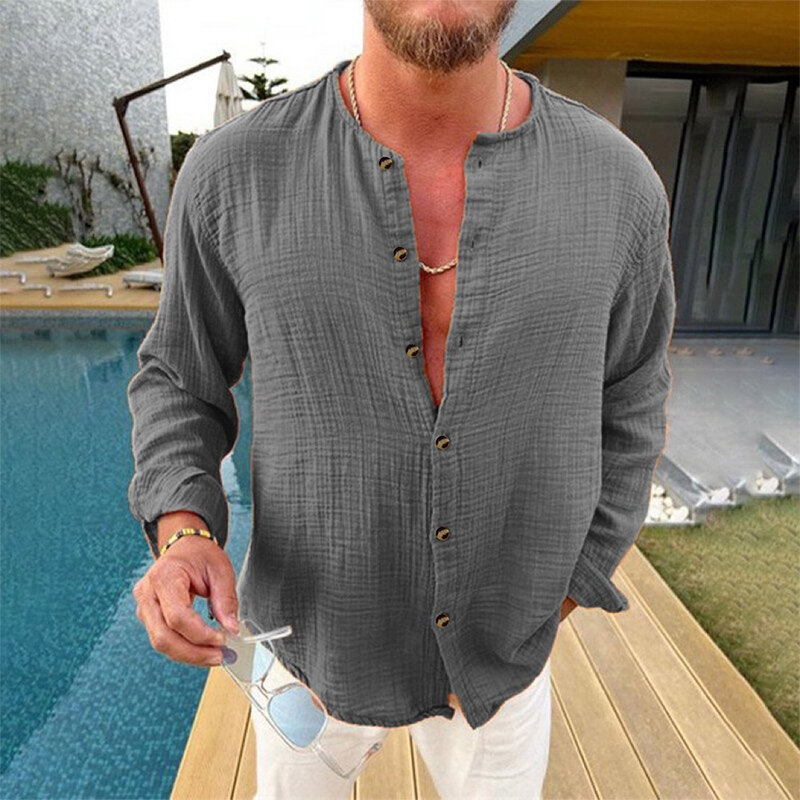 Haute Qualité Hommes T-Shirt Y-Button Chemises Casual Confortable Coton Vacances Manches sulfBureau Régulier S-2XL