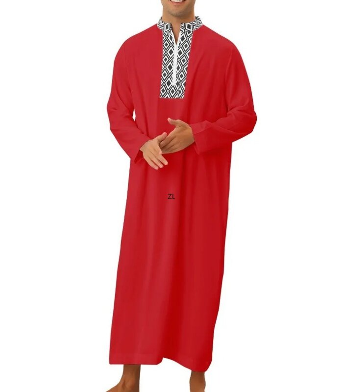 Mode Muslim 2024 pakaian pria lengan panjang kerah V hitam abu-abu merah poliester cetak Jubba Thobe Muslim pakaian pria Abaya Muslim
