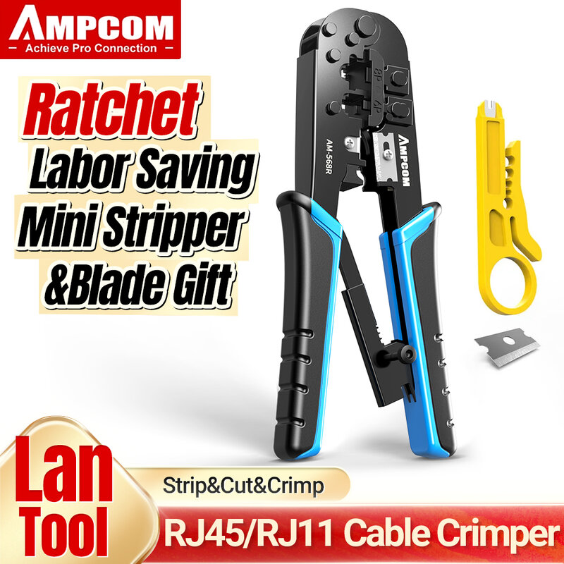 Ampcom Rj45 Crimper RJ11 RJ45 Krimptang Ethernet Lan-kabel Crimper Cutter Stripper Tang Voor 6P 8P RJ-11/RJ-12 RJ-45