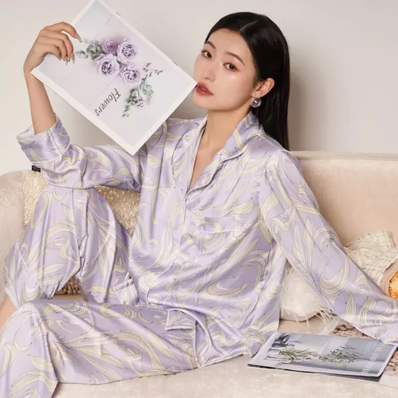 Conjunto de Pijama de seda azul para mujer, ropa de dormir de manga larga con botones, suave, cuello de muesca, 2 piezas