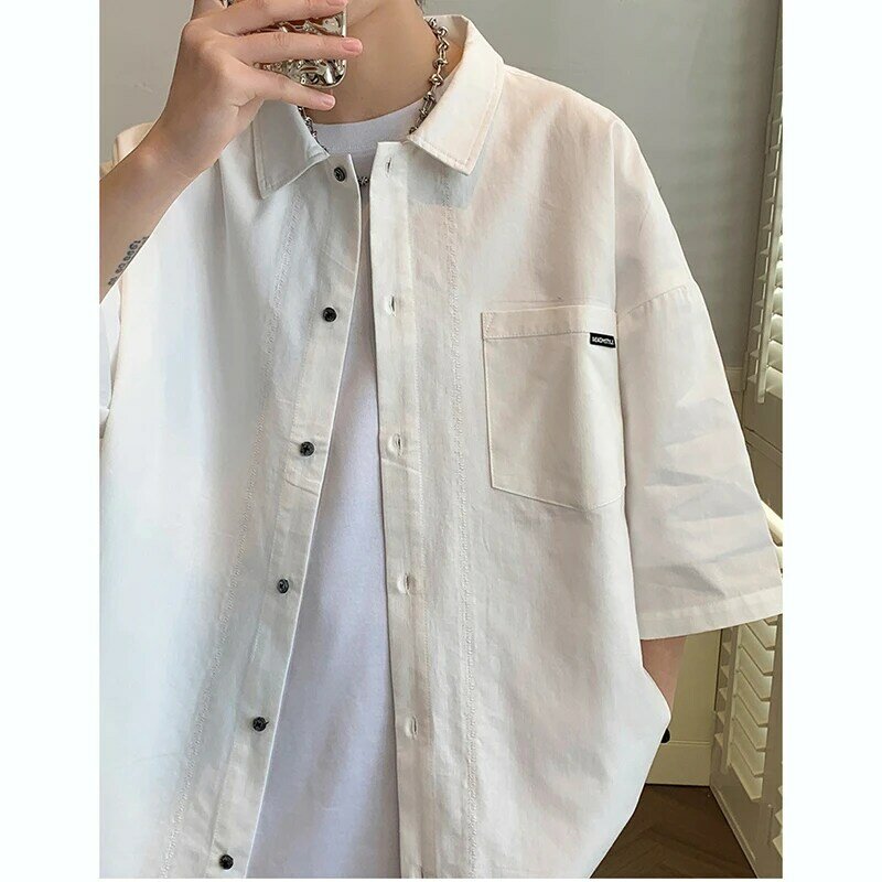 Fashion Lapel Spliced Loose Solid Color Casual Shirts Men's Clothing 2024 Summer New Oversized All-match Tops Korean Shirts