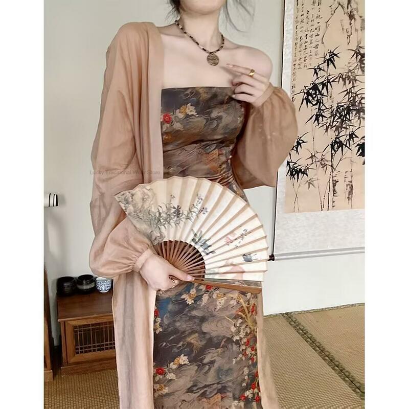 Новинка лета, Элегантное Длинное платье в китайском стиле ретро без рукавов с винтажным цветочным принтом, комплект из двух предметов