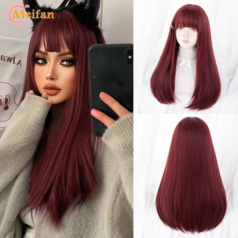MEIFAN Synthetic Long Straight Cosplay Wig with Bangs Wig Girl Korean Cute Pink Blonde Black Party Halloween Lolita Wig