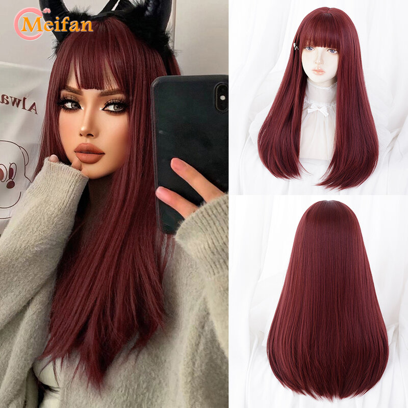 Mefan Wig Lolita Sintetis Panjang Lurus dengan Poni Wig Gadis Lucu Ombre Merah Muda Pirang Hitam Cosplay Pesta Halloween Wig Harajuku