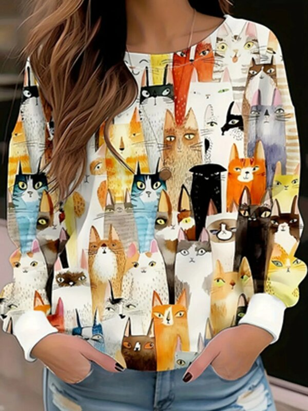 플러스 사이즈 캐주얼 상의, 여성 플러스 올오버 고양이 프린트, 긴 소매 라운드 넥, 루즈핏 탑