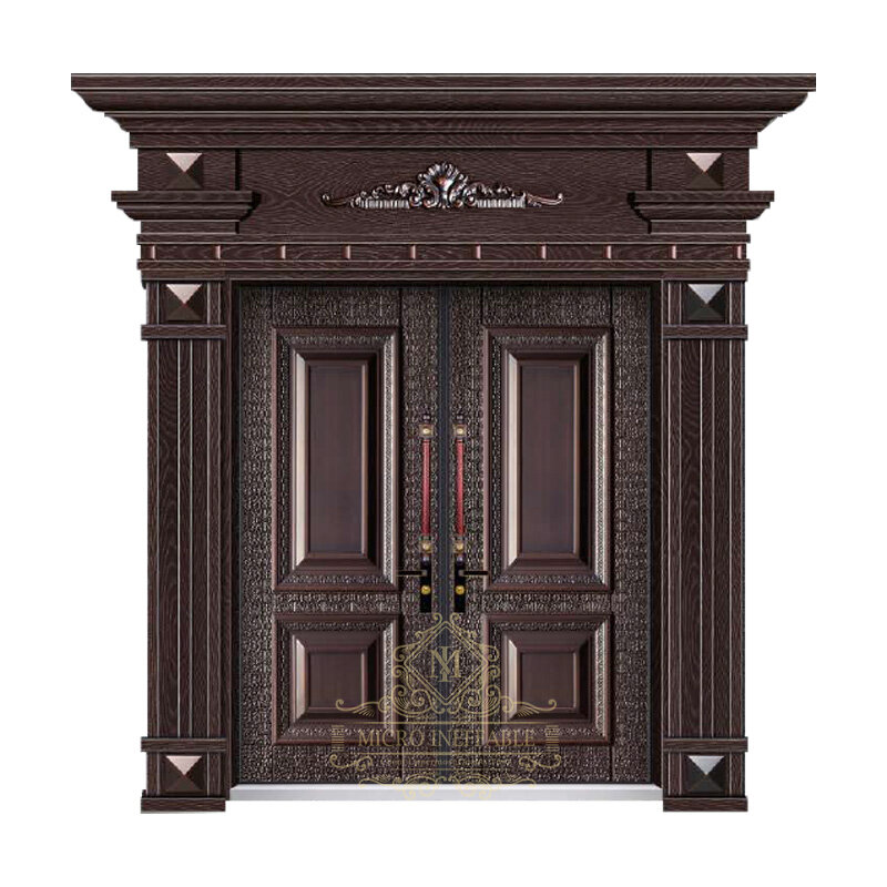 Luksusowa konstrukcja dekoracyjna Zewnętrzne metalowe stalowe drzwi antywłamaniowe Podwójne drzwi wejściowe z koroną