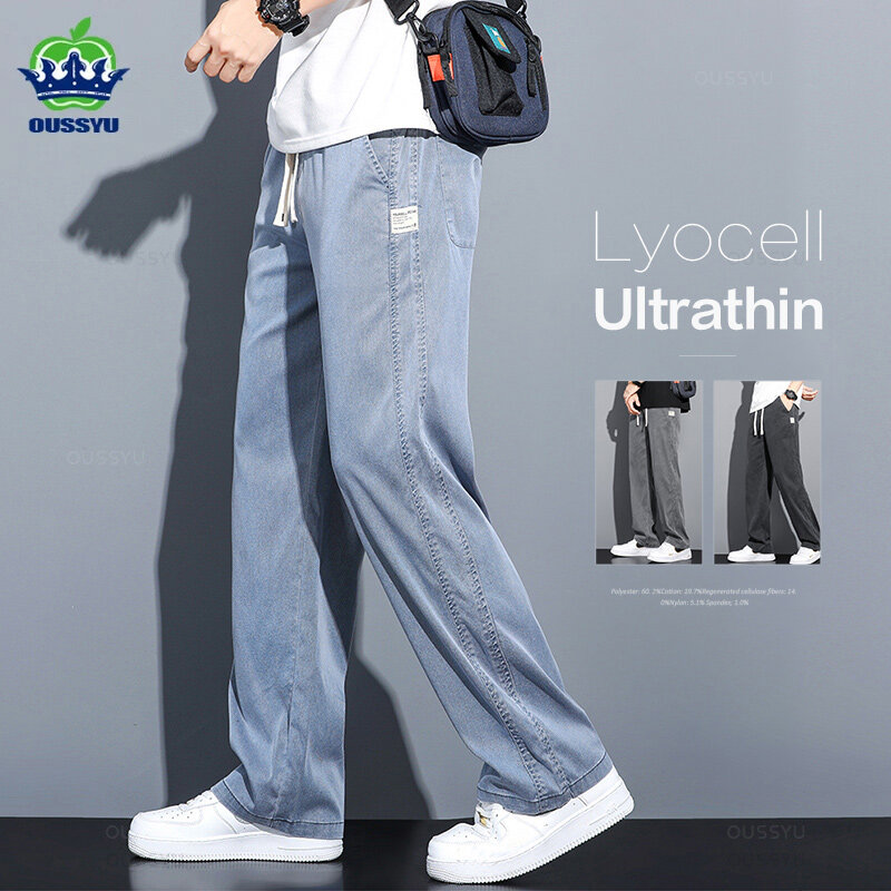 Jeans d'été en tissu Lyocell doux pour hommes Mince adt viser droits proximité wstring Taille élastique Corée Casual fjPlus Taille M-5XL