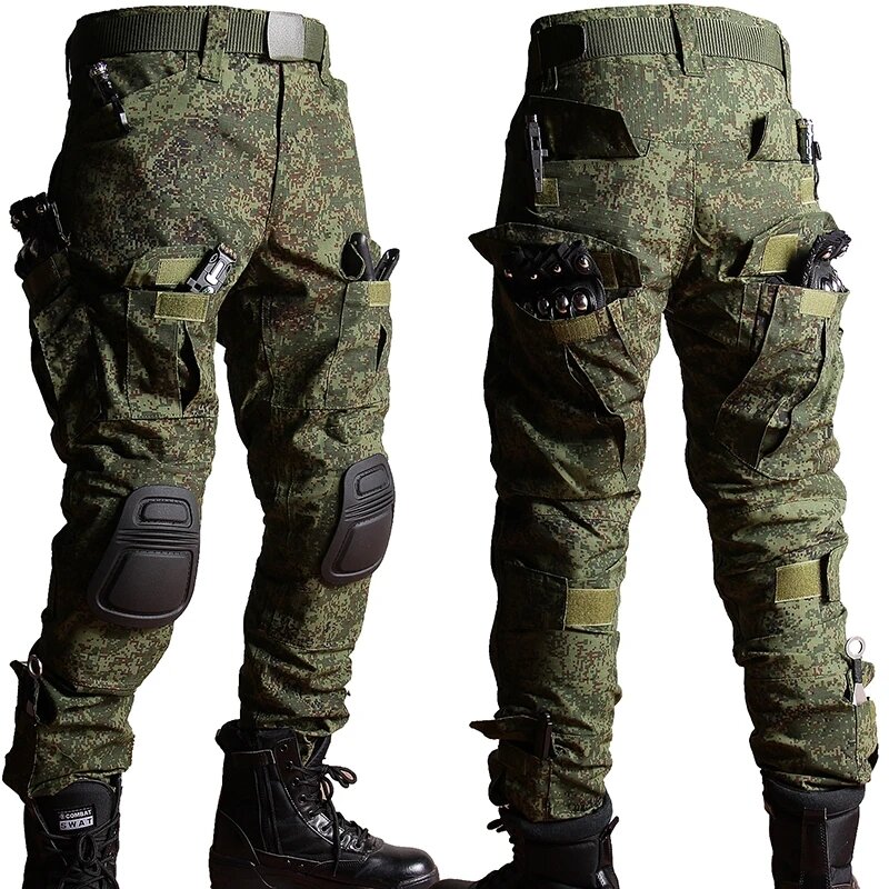Conjuntos táticos RU-Camo para homens, camiseta respirável ao ar livre de manga comprida, calças de carga retas multibolso, roupas de treinamento e combate, 2 PCs