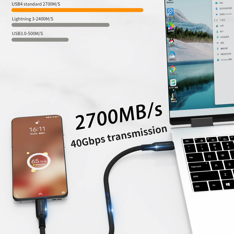 UGOURD 썬더볼트 4 2m USB4 케이블, 썬더볼트 3 타입 C 고속 충전기 케이블, 노트북 모바일 디스크용, 240W 데이터 전송, 40Gbps