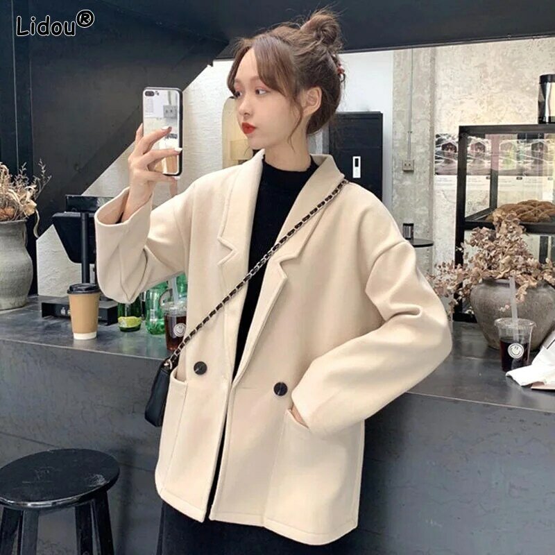 Elegant Fashion Casual Office Lady Blazers Pocket Solid Color Button Notched Tops Temperament Autumn Winter Women's Clothing