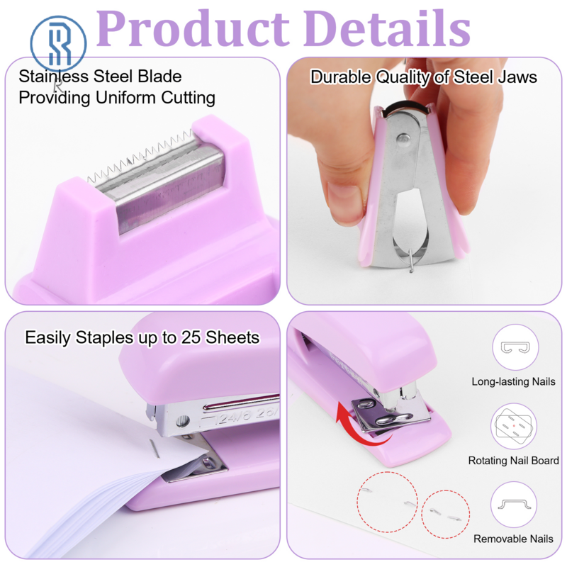 12 Pcs Of Purple Office Supplies Set Stapler And Tape Dispenser Desk Accessories With Staple Remover Tab Thumbtacks Binder Paper
