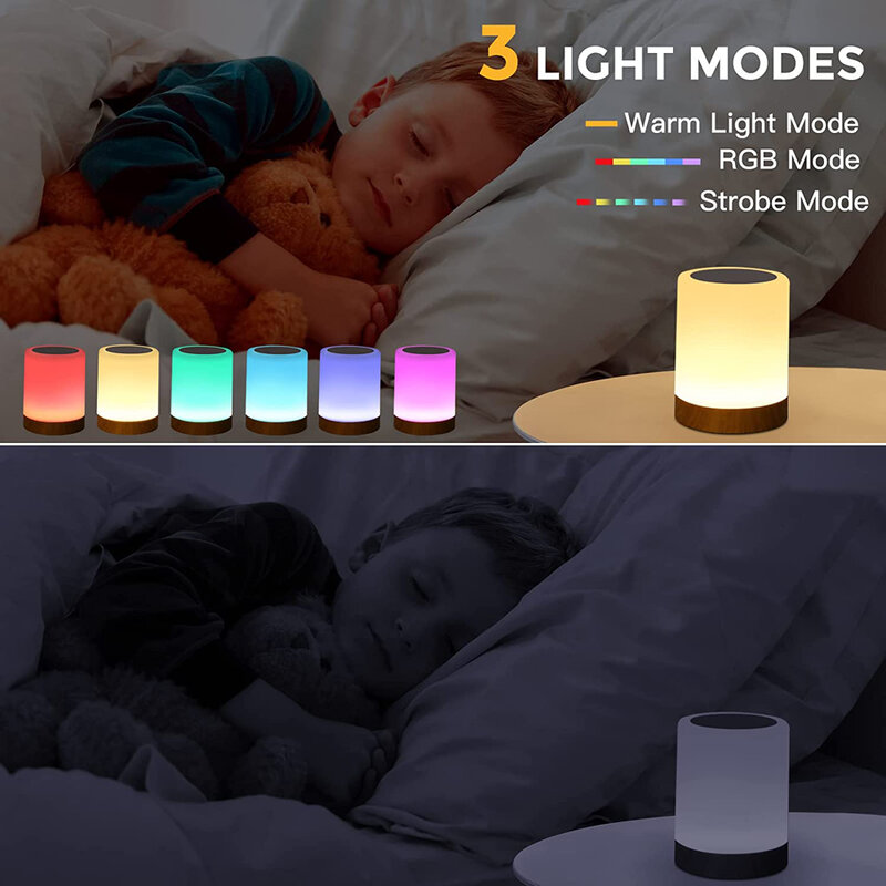 Portátil RGB LED Touch Lamp for Kids, Abajur de cabeceira, Lâmpada do quarto com sensor de toque, Luz de mesa, Presentes