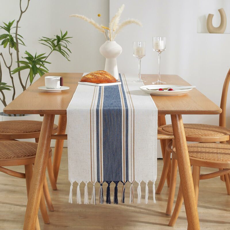 Table Runner,Farmhouse Style Linen Table Runner with Tassels, Rustic Table Runners for Table Decorations,Wedding Holiday Party