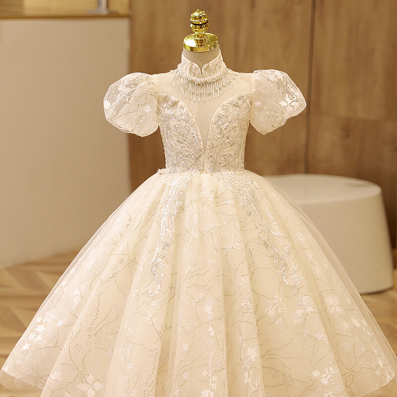 Vestido de fiesta con cuentas de lentejuelas blancas para niñas pequeñas, vestido de fiesta, vestidos de novia para cumpleaños, ropa para niños