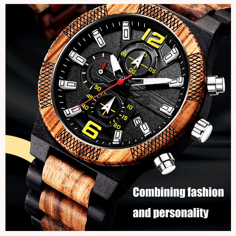 Męskie sportowe drewniane kwarcowe zegarki na rękę, wielofunkcyjny świecący wodoodporny wyświetlacz zegarek z kalendarzem, najlepsza prezent świąteczny, bransoletka
