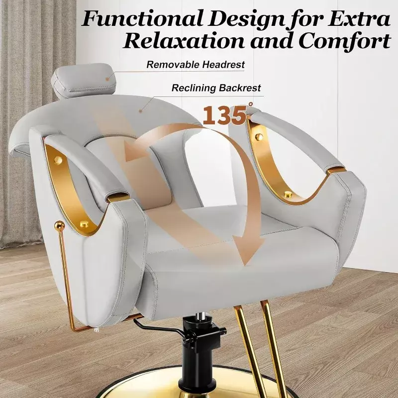 Cadeira reclinável de cabeleireiro, Para todos os fins, Cadeira De Salão De Ouro, 360 Degrees Rolling Swivel, Styling Chair