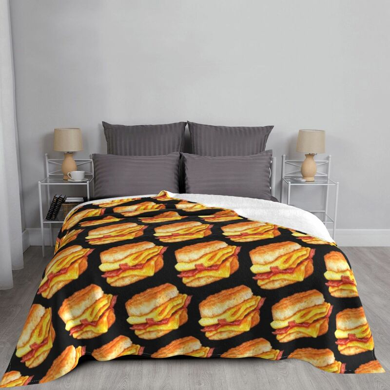 Bacon Egg & Cheese Sandwich Pattern-coperta da tiro nera coperte morbide per coperte di flanella pesante St di lusso per bambini