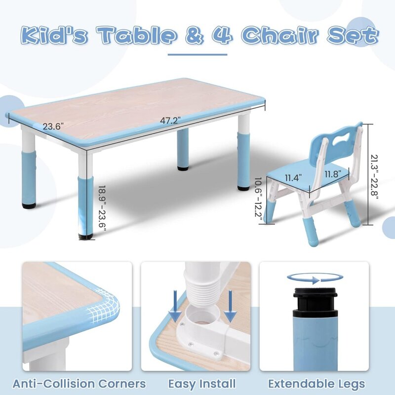 49''x25'' Toddler Table and 4 Chairs Set Graffiti Child's Desk for Study Room Classroom Children's Furniture
