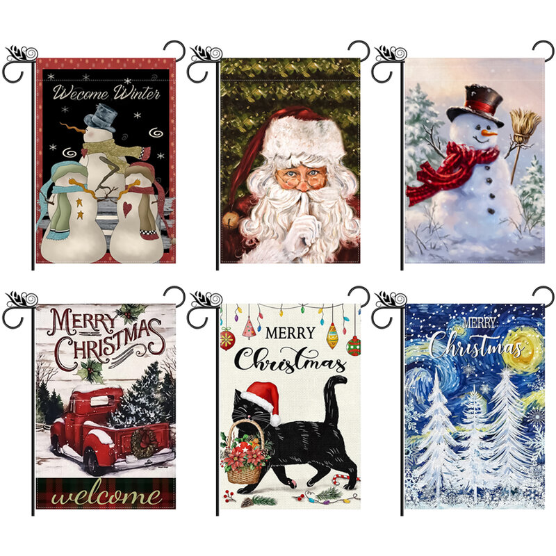 両面プリントガーデンフラッグ、クリスマスフラッグ、santalaus、雪だるま、猫パターン、庭の装飾、1個