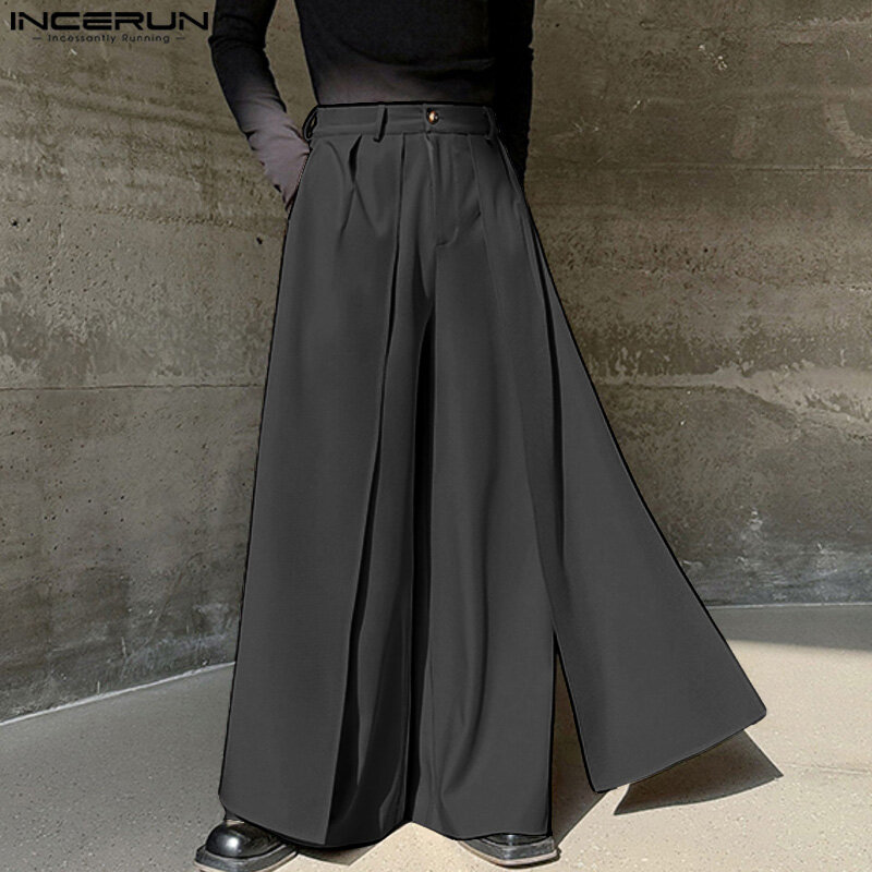 INCERUN-pantalones de pierna ancha para hombre, ropa de calle informal Irregular, holgada, con botones, Color sólido, a la moda, 2024