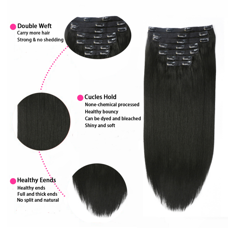Straight Clip In Hair Extensions Human Hair Brazilian Clip In 8 Pcs/Set Natural Black Color Clip Ins 10-26 Inch 120G Remy Hair