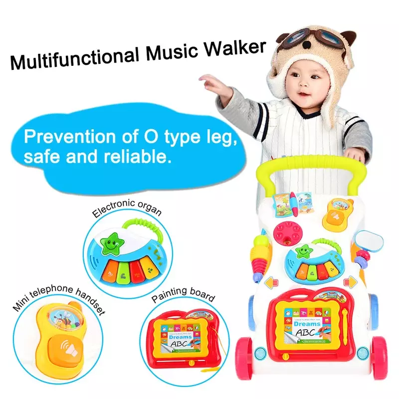 Bayi Walker Multifungsi Bayi Stand-To-Sit Balita Empat Roda Troli Anak Belajar Berjalan Balita Mainan Piano Gambar Hadiah