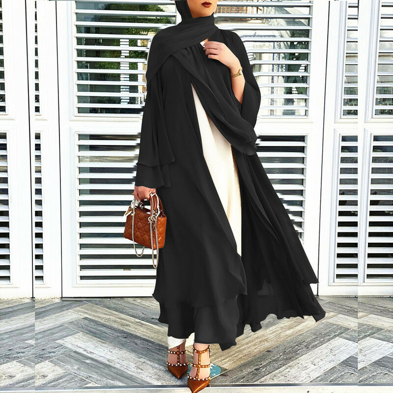 Roupas de moda muçulmana ramadan aberto chiffon abaya dubai mulher sash marocain kaftan eid hijab longo robe turquia vestido de mujer