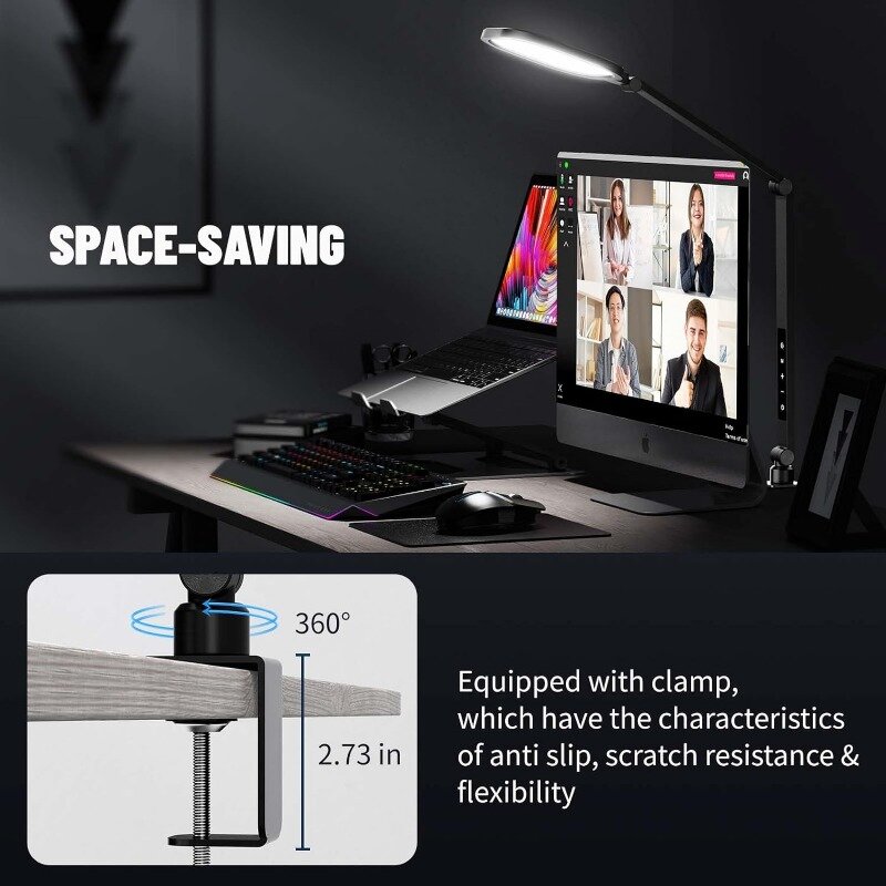 Luz de videoconferência para reunião, Luzes de mesa 15W com braçadeira para escritório em casa, Tecnologia de emissão lateral com Adj