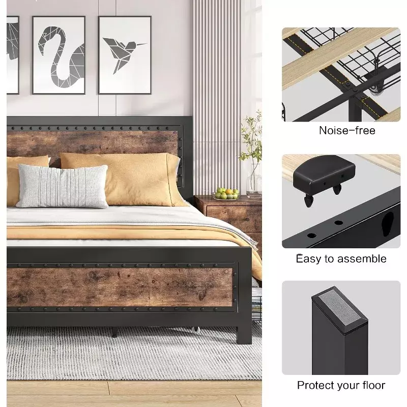 Metalowa drewniana rama łóżka typu king-size z 4 szufladami do przechowywania, nowoczesnym zagłówkiem i platformą podnóżka, nie wymaga sprężyny pudełkowej