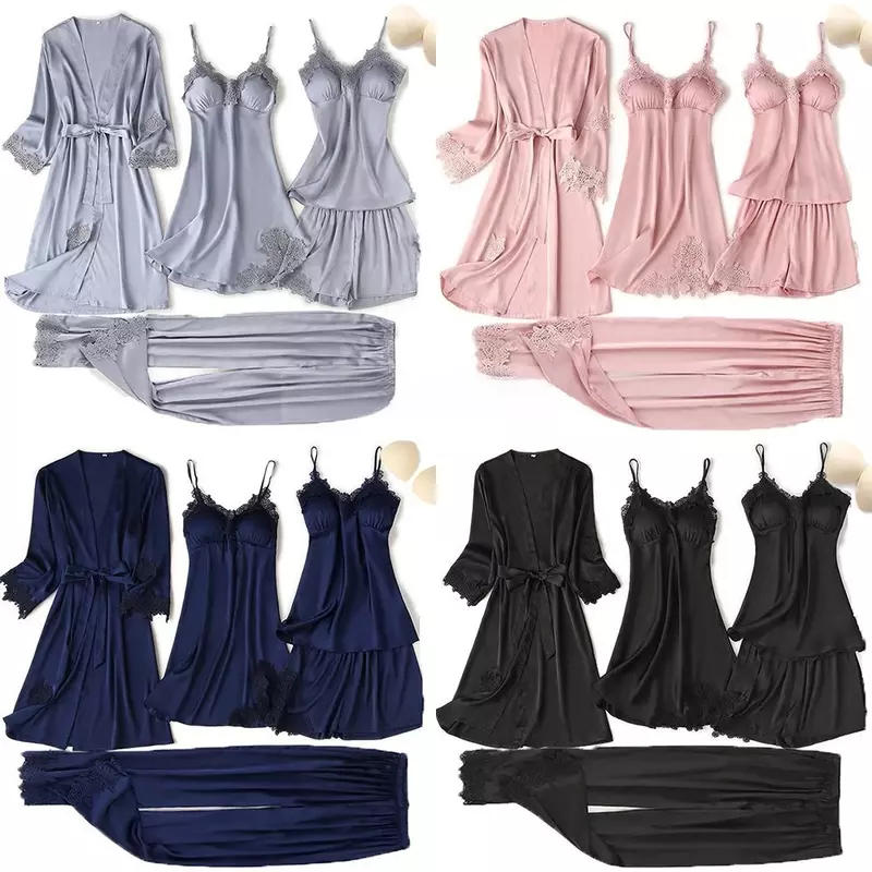 Пижамный комплект Женская атласная пижама для сна для женщин Летняя одежда для сна с брюками повседневная домашняя одежда