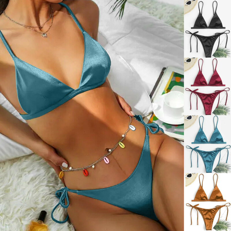2024 New Sexy Solid Color Split Two Piece Set With Hanging Neck And Side Lacing Deep Neck Gathering Full Coverage Bikini Bottoms