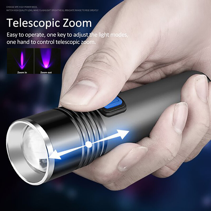 Torcia UV 395nm Blacklight Zoomable USB Ricaricabile Luce UV Torcia ultravioletta per rilevamento urina di animali domestici Polimerizzazione resina