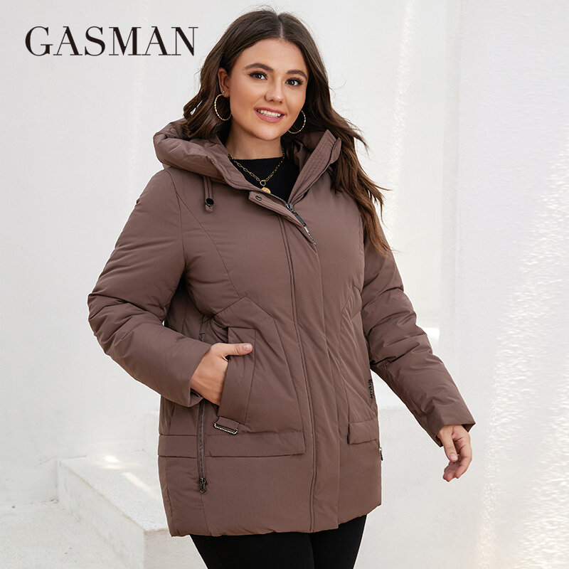 Gasmama – parka d'hiver grande taille pour femme, manteau Long, classique, fermeture éclair, poches, capuche, ample, 82209