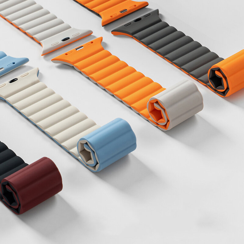 Pulseira magnética de laço de silicone para Apple Watch, faixa 44mm, 40mm, 45mm, 49mm, 41mm, 38mm, 42mm, pulseira para iWatch Series 8, 3, 5, 4, SE, 6, 7 ultra