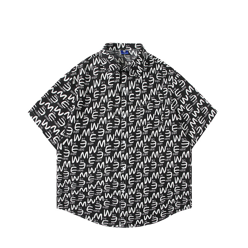 Camisa masculina de manga curta, seda gelada, letras impressas, design sense todo, estilo mar, tendência de verão, imagem plana