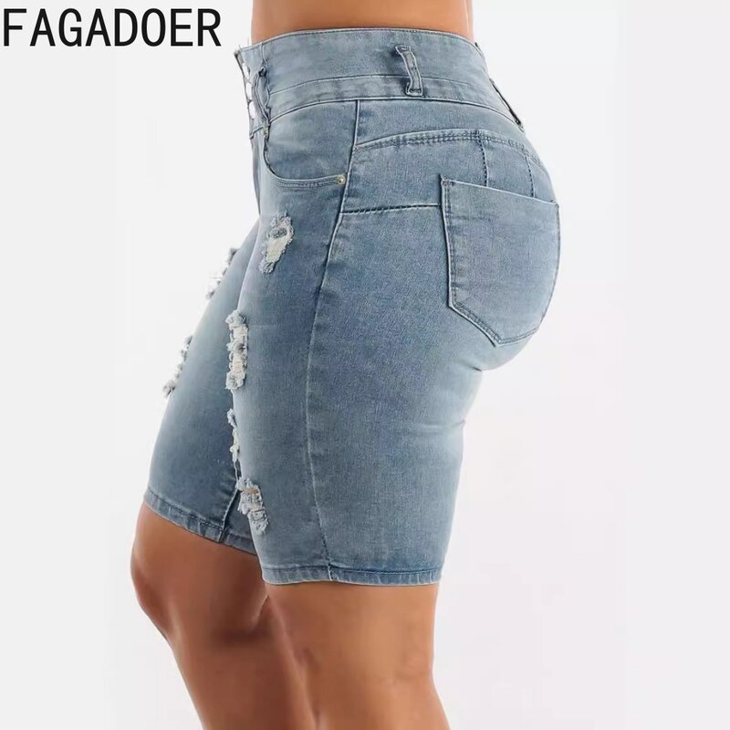 FAGADOER Fashion Hole Elasticity Denim Shorts Women High Waist Button Pocket Skinny Jean Shorts Summer New Female Cowboy Bottoms