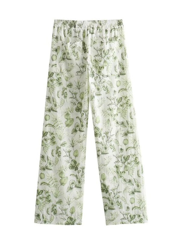 2024 New Women Summer Straight Pants Vintage Print Drawstring Bow Female ELegant Street Trousers Clothing