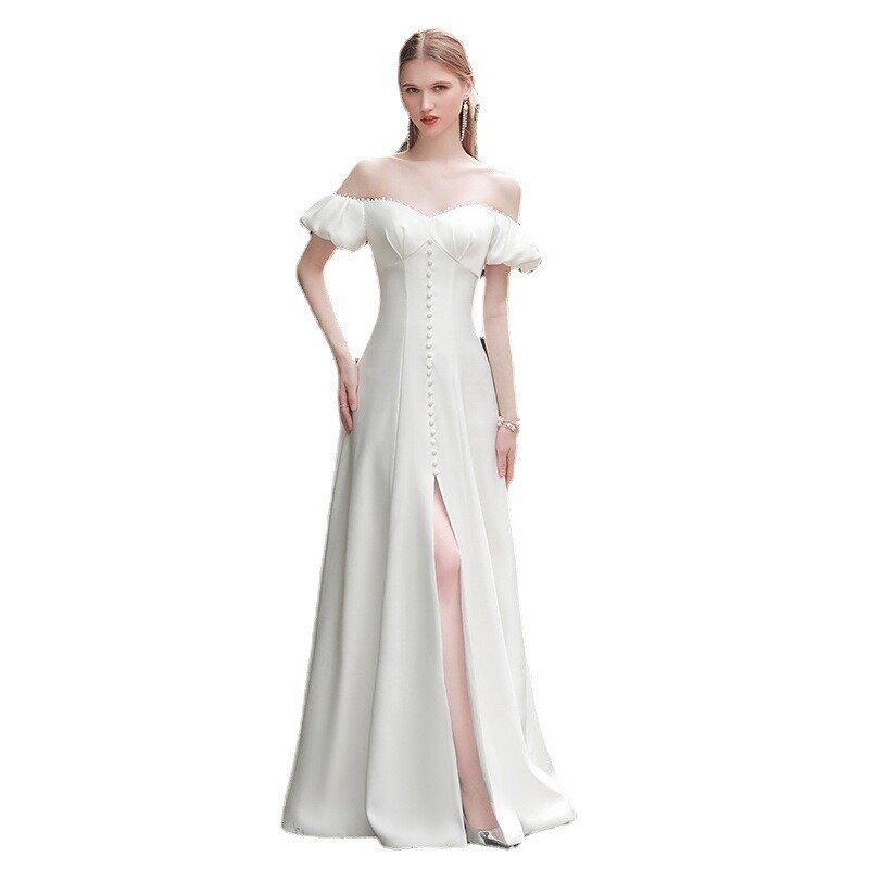 Suknie ślubne w stylu Vintage, jednoczęściowy dekolt Slim Fit, jednolity kolor, długi rękaw latarniowy, długa spódnica, Vestidos, kobiety, odzież, sukienek