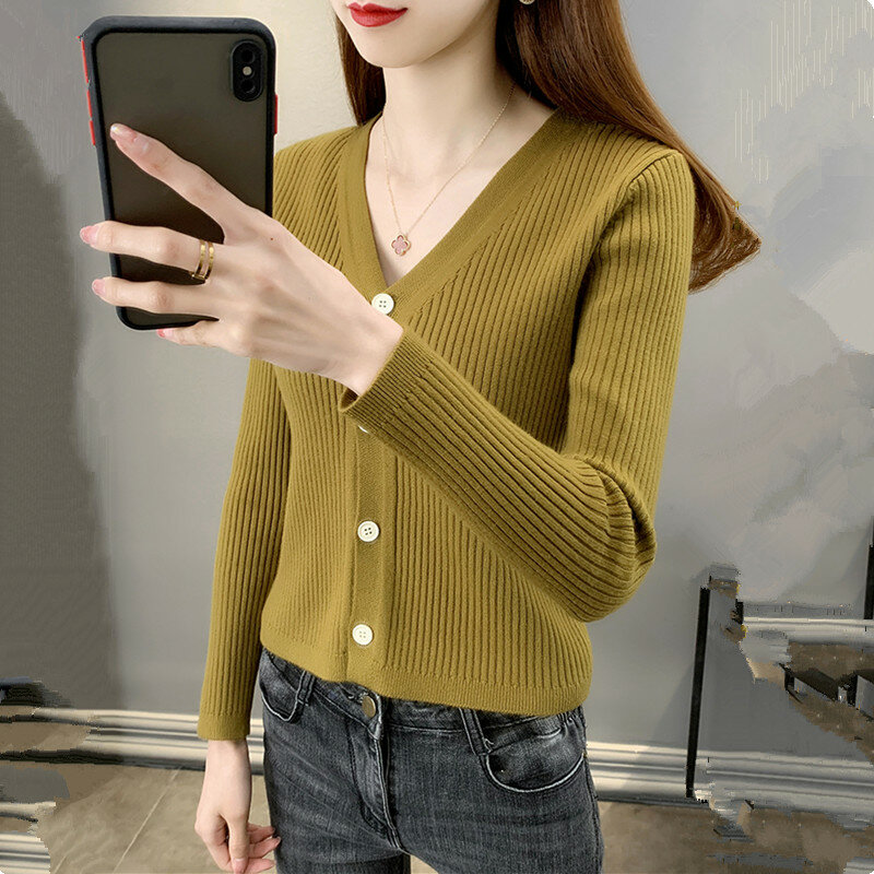 UHYTGF-suéter de punto con cuello en V para mujer, chaqueta informal, moda coreana, primavera y otoño, 2107