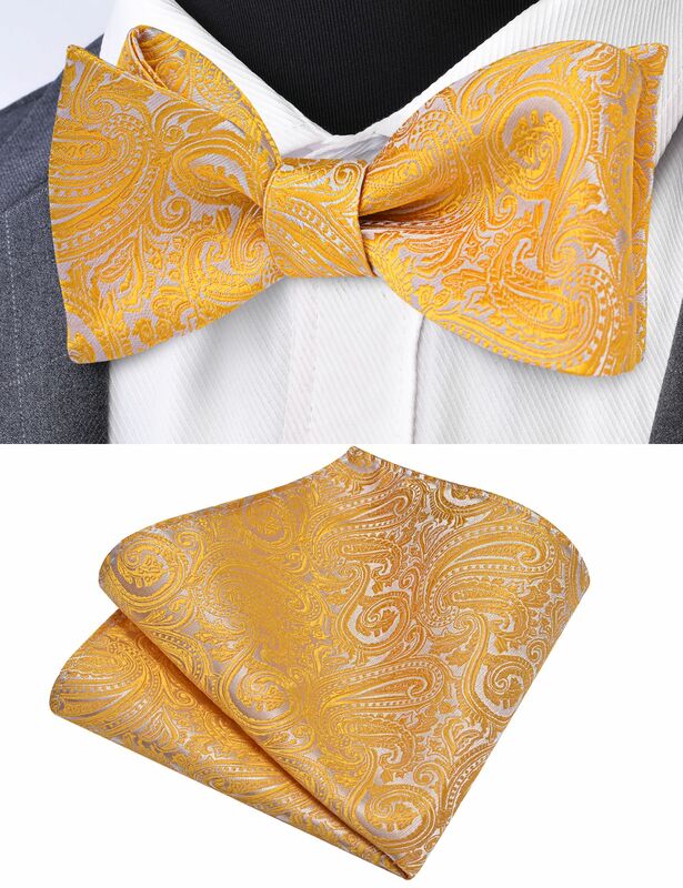GUSLESON Fashion Silk Mens Self Bow ties and Pocket Square Set Adjustable Floral Bowknot Handkerchief For Men Wedding Party