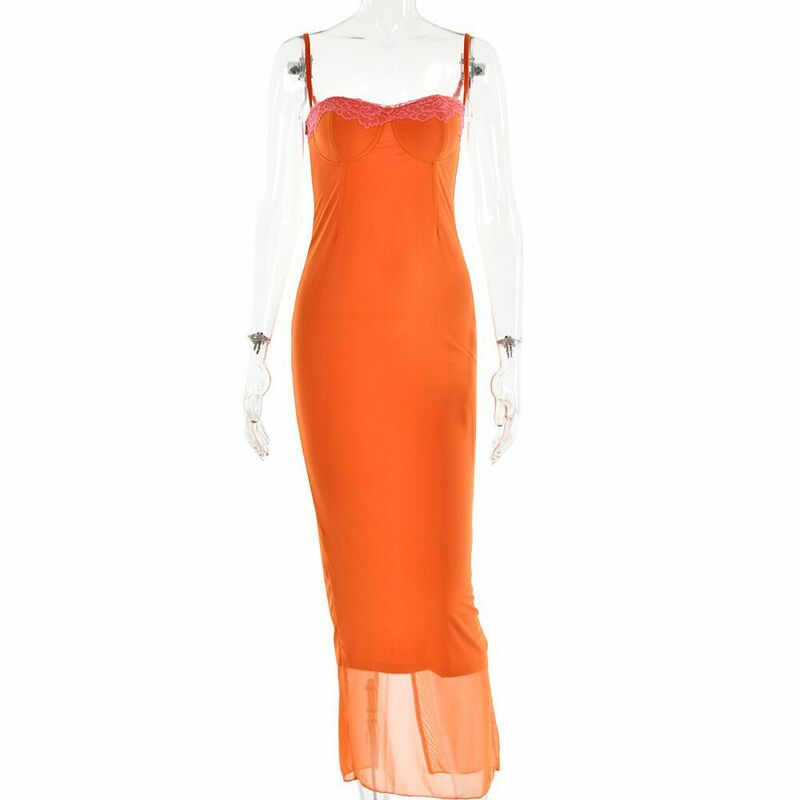 Koronkowa sukienka typu Bodycon Maxi z paskiem Spaghetti damska suknia nowy patchworkowy bez ramiączek bez rękawów, seksowna sukienka klubowa 8760