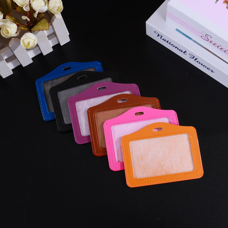 Color Pu Leather Id Card Holder Badge Holder Name Identification Sleeve With Clear Window Horizontal Business Cards Organizer