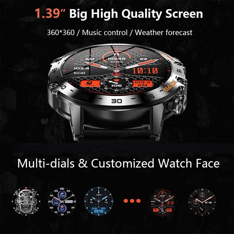 Melanda นาฬิกาอัจฉริยะ1.39 "สายบลูทูธ, สมาร์ทวอทช์กันน้ำ IP67สำหรับ K52 iOS แอนดรอยด์