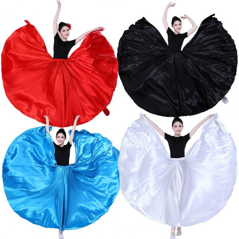 Solid Color Skirt Elegant Satin Performance Skirt with Elastic Waist Pleated Hem for Spanish Dance Belly Dancing Swing Dancing