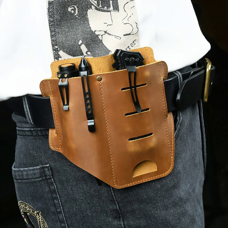Кожаный поясной кошелек AIGUONIU в стиле ретро для мужчин, дорожные сумки из натуральной кожи, тактические инструменты для повседневного использования, полевой ремень для выживания