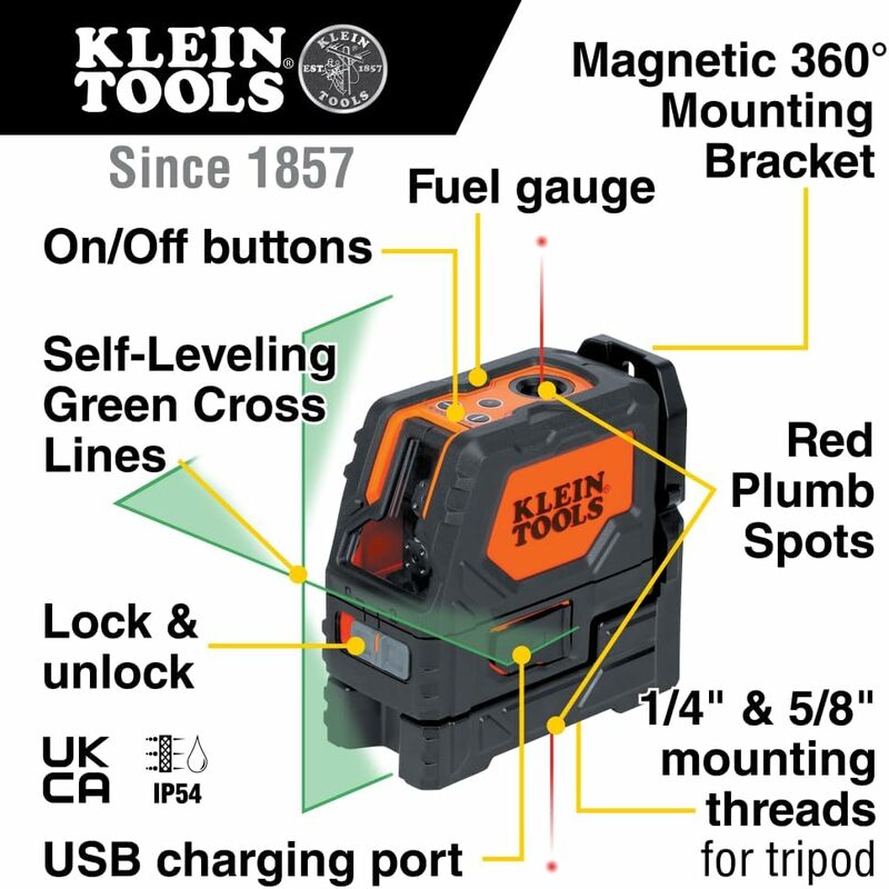 93LCLGR Self-Leveling Laser Level, Rechargeable, Cross-Line Level with Bright Green Lines, Red Plumb, Magnetic Mounting Clamp